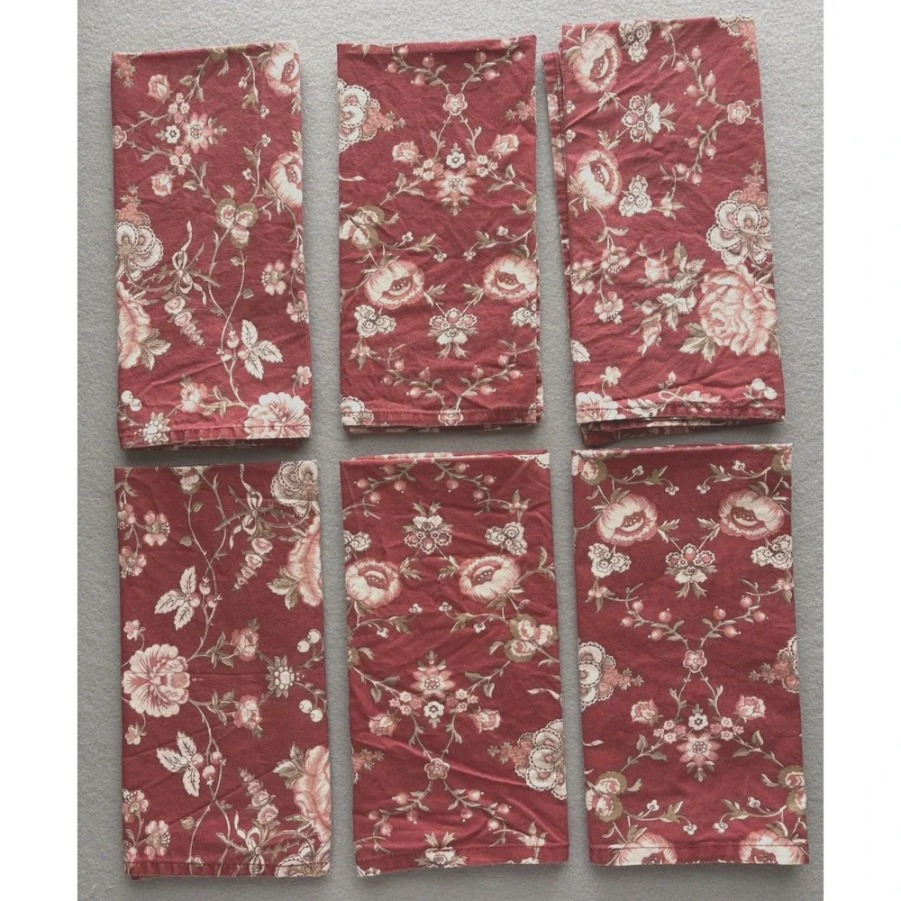 Williams Sonoma Vintage Floral Rose Red Sage Pink Dinner Napkins Set Of 6
